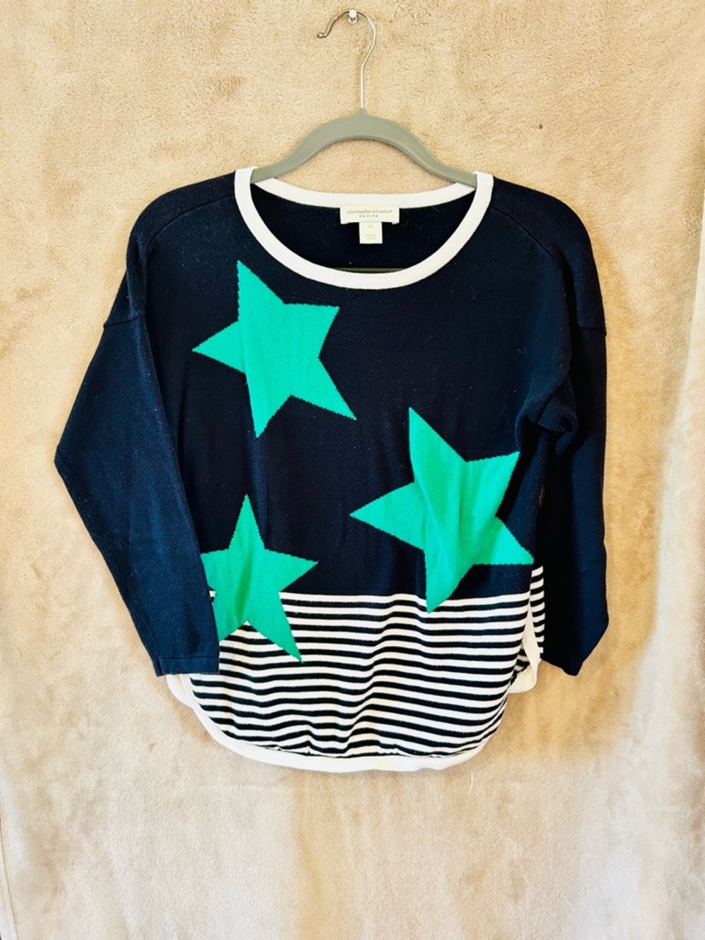 Christopher & Banks Star Striped Sweater Navy Teal Graphic Top Petite S